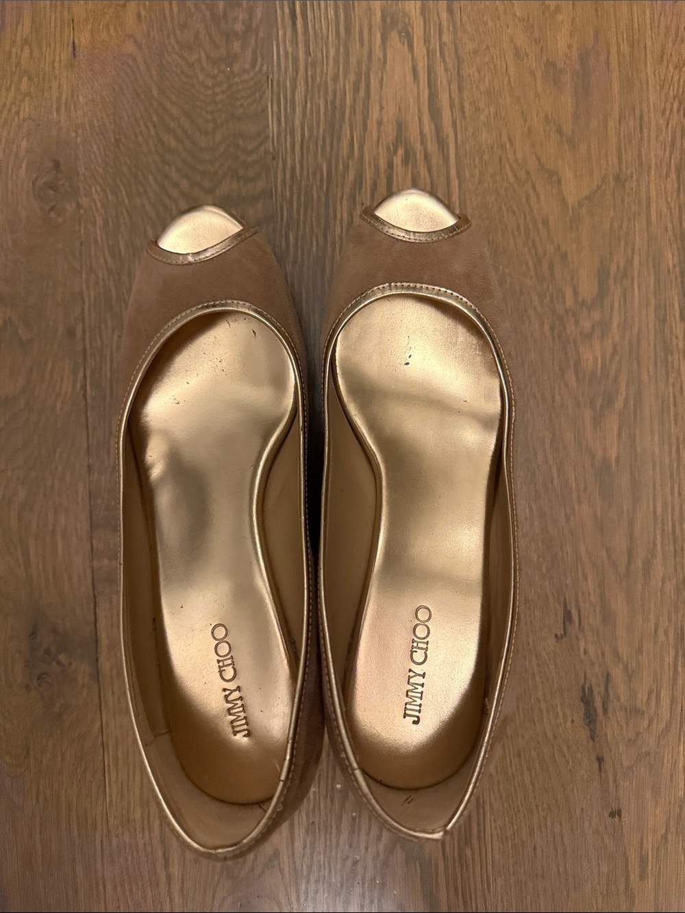 Jimmy Choo Brown Suede and Metallic Gold Peep-Toe Flats